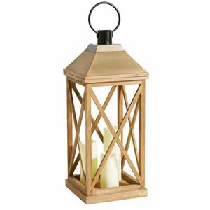 Farol de madera natural de estilo clásico al por mayor con tapa de metal negro, farol decorativo de madera para decoración del hogar en interiores y exteriores - Product Image 2