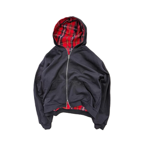 Sweat-shirt à capuche zippé pour homme, patchwork, coupe oversize, décontracté, en polaire, pour l'hiver, 100% coton, motif rouge et noir, coupe classique - Product Image 3