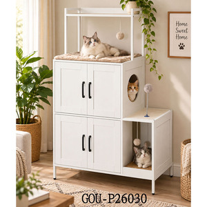 Villa moderne pour chat en bois blanc avec armoires de rangement et éléments ludiques pour chats d'intérieur - Product Image 4