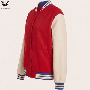 เสื้อแจ็คเก็ตวาร์ซิตี้สำหรับผู้หญิง สีแดงและครีม แขนยาว แต่งขอบยางยืดตัดกัน กระดุมแป๊กด้านหน้า สไตล์ลำลอง ใส่ได้ในฤดูใบไม้ร่วง ทรงปกติ - Product Image 4