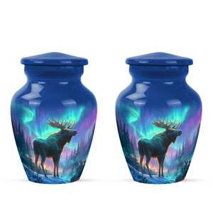 Urna Funeraria para Cenizas Humanas, Diseño Alces y Aurora Boreal, Recuerdo Conmemorativo de la Vida Silvestre, Color Azul - Product Image 3