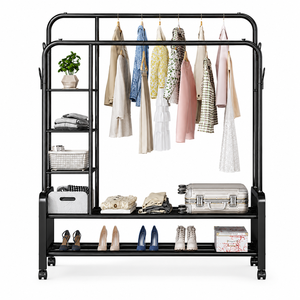 Multifunctional Movable Modern Metal Coat Rack Double-Rod Garment Rack Clothing Storage <b>Shelves</b> Rust-Proof for Bag Clothing - Product Image 4