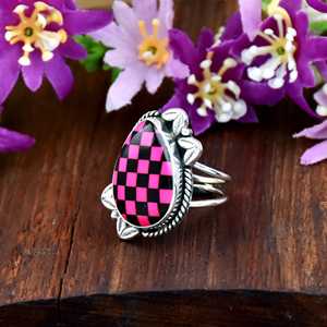 Black Pink Checkerboard Onyx Gemstone Ring 925 Sterling Silver Mosaic Inlay Band For <b>Chess</b> Lover Fine Ring Jewelry <b>Gift</b> - Product Image 5