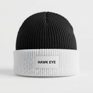 Bonnet tricoté bicolore personnalisé avec revers et étiquette logo tissée, bonnet d'hiver côtelé color block, vente en gros unisexe - Product Image 1