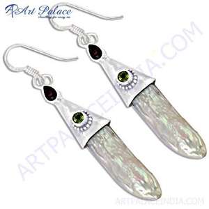 Hand-Created Silver Gemstone <b>Earrings</b> with Pearl Garnet <b>Peridot</b> - Product Image 1