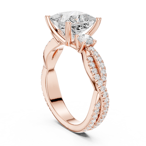 Bague de fiançailles en or rose avec diamant de laboratoire taille princesse, pavé torsadé, trois pierres, pour femme - Product Image 3