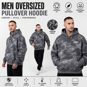 <b>Men</b> Oversized Camouflage <b>Pullover</b> Hoodie French Terry Hooded Sweatshirt Winter Wear Hooded <b>Pullover</b> <b>Men</b> Casual Front Pocket Hood - Product Image 4