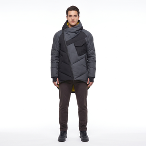 Veste matelassée asymétrique à col châle pour homme, en nylon haute densité, avec motif géométrique, du fabricant OEM de Sialkot - Product Image 1