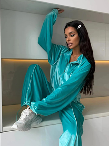 Women's <b>Velvet</b> <b>Tracksuit</b> Set Turquoise Full Sleeve Zip-Up Top Wide Leg Pants Loose Fit All Seasons Solid Color Casual Sportswear - Product Image 3