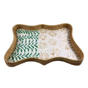 Plateau en rotin ondulé fait à la main, élégant, vintage, rustique, de haute qualité, avec incrustation florale en capiz, plateau de service décoratif en MDF, motif géométrique - Product Image 3