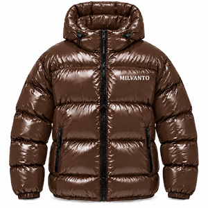 Veste matelassée pour homme avec logo personnalisé marron |   Doudoune matelassée brillante à capuche |   Vestes matelassées chaudes d'hiver de qualité supérieure - Product Image 1