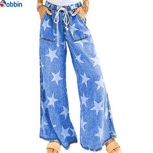 Jeans pour femmes style streetwear, imprimé étoiles, délavage clair, taille haute avec cordon de serrage, coupe large, couleur personnalisée, vintage, baggy - Product Image 5