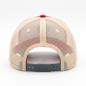 Gorra Trucker de 6 Paneles con Visera Gris, Malla Roja y Beige, Parche de Cuero Redondo con Logotipo en Relieve Personalizado OEM, Cierre a Presión, para Hombre - Product Image 4