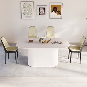 Tavolo da Pranzo in Stile Moderno Medievale da 160 cm in MDF Color Crema con Set di 4 Sedie da Pranzo in PU, Piano in Metallo Nero e Gambe in Metallo - Product Image 1