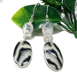 Natural Zebra Jasper & Rainbow Moonstone Oval Cut Silver Plated 925 Sterling Silver Handmade Drop <b>Earrings</b> for Women/Unisex - Product Image 2