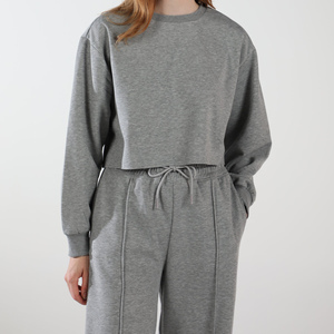 Sudadera Gris de Cuello Redondo para Mujer, Manga Larga, Casual, Color Sólido, Corta, Tipo Hoodie - Product Image 1