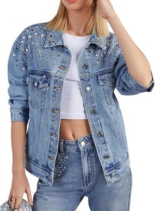 Denim Jacket With Rhinestone Decoration Turn-down Collar Single Breasted Casual Style Loose Fit Autumn Wear Unisex Regular - Product Image 5