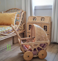 Poussette pour poupée en rotin style bohème avec roues en bois, décoration de chambre d'enfant, accessoires de photographie, cadeau d'anniversaire pour enfants, jouet