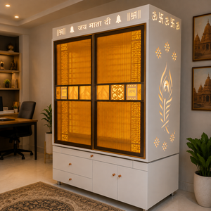 Modern Acrylic Handmade Pooja <b>Mandir</b> Storage Drawers LED Lighting Openable Glass Doors Jai Mata Di Design Home Temple Diwali - Product Image 1