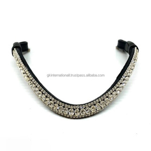 Direct Prix d'usine Bande de front de cheval en cuir rembourrée extra confortable avec chaîne en métal à cristaux clairs à 3 rangées et extrémité de boucle à bouton-pression - Product Image 4