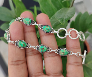 Bracelets vintage en argent sterling 925 avec breloques en turquoise verte naturelle, ajustables, faits à la main, bijoux en pierres précieuses pour femmes - Product Image 5