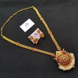 Fashion Jewelry Set Temple Style Circular Pendant with Peacock and Ruby Kemp Embellishment - Product Image 1