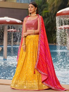 Modern <b>Sequined</b> Sleeveless <b>Crop</b> <b>Top</b> with A-Line Floor-Length Skirt Breathable in Yellow and Pink for Bridesmaid Wear - Product Image 5