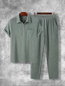 Custom Logo Men's Embossed <b>Waffle</b> Fabric Short Sleeve Button-Up <b>Shirt</b> and Drawstring Pants Casual Summer Set - Product Image 2