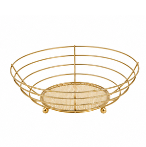 Corbeille à fruits moderne en métal doré avec base en bois, bol à fruits géométrique en fil métallique, organisateur de comptoir de cuisine, support de rangement en gros - Product Image 3