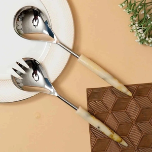 Ensemble de couverts de luxe en acier inoxydable argenté avec manche en résine marbrée, cuillères et fourchettes de service pour salades, pour dîners et réceptions - Product Image 2
