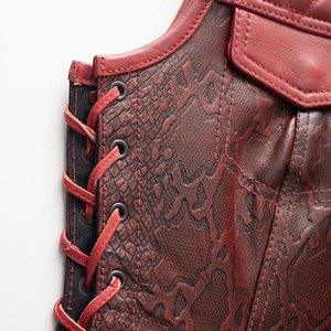 <b>Red</b> PU Leather Moto <b>Vest</b> <b>Men</b> Quilted Front Lace-Up Side Pockets Crew Neck Short Outerwear Autumn Biker Style - Product Image 4