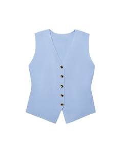 Gilet décontracté sans manches blanc à col en V pour femme, coupe ajustée, simple boutonnage, avec logo brodé personnalisé, vente en gros OEM - Product Image 6