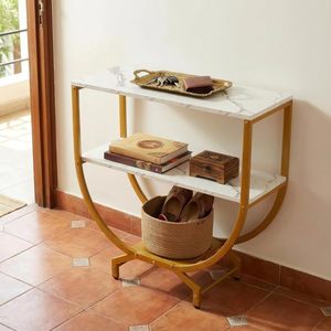 Table basse moderne avec plateau en marbre et structure en métal doré, étagère de rangement gain de place, mobilier de salon au design contemporain - Product Image 4