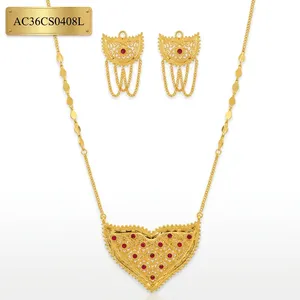 Gold Plated Heart Shape <b>Ruby</b> <b>Necklace</b> and Earring Set Women's Vintage Jewelry Alloy Fashion Jewelry CHIKSET - Product Image 3