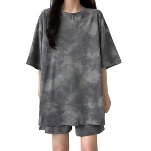 Custom Printed Logo Washed Pattern Custom 100% Cotton Fleece Summer Casual Women's 2-Piece T-Shirt Short Sleeve & Shorts <b>Set</b> - Product Image 3