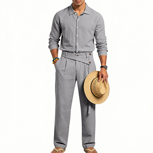 Ensemble décontracté pour homme, tenue d'été décontractée, coton tissé respirant, costume deux pièces, vêtements décontractés haut de gamme pour homme - Product Image 5
