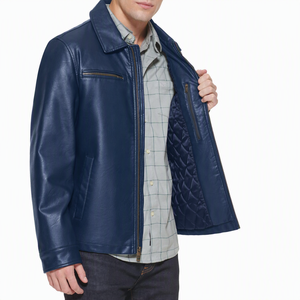<b>Men's</b> Green Leather <b>Jacket</b> Turn-down Collar Zipper Closure Moto Biker Style Autumn Outerwear Slim Fit Regular Sleeve - Product Image 6