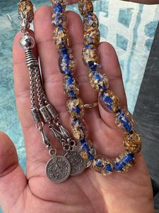 Handmade Eco-Friendly <b>Angel</b> Blue Gold Flake Resin Tasbih Islamic Prayer Beads with Silver Tassel - Product Image 6