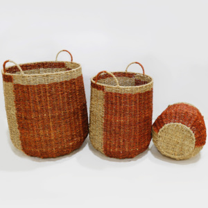 Paniers de rangement en jonc de mer naturel tressé à la main, écologiques, avec poignées, style rustique, multi-usages, forme ronde, ensemble de paniers de rangement pour la lessive - Product Image 6