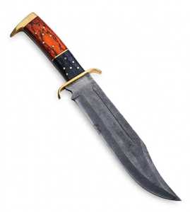 Couteau Bowie de survie d'extérieur à lame fixe en acier Damas à haute teneur en carbone, fait main, DIY, OEM, avec manche en bois dur bicolore et garde en laiton - Product Image 2