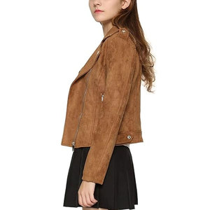 Women's Brown <b>Suede</b> Moto <b>Jacket</b> Full Sleeve Turn-down Collar Zipper Closure Autumn Style Sample Service Available - Product Image 2