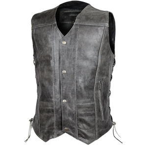Chaleco de Moto de Cuero Genuino Gris para Hombre, Estilo Casual, Antiarrugas, con Cierre de Cremallera y Cordones Laterales, Color Sólido - Product Image 6