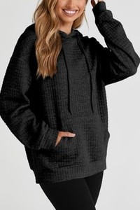 Sudadera con Capucha Unisex Negra de Punto Waffle, Corte Regular, Estilo Casual para Otoño, con Bolsillos, Material de Felpa - Product Image 6