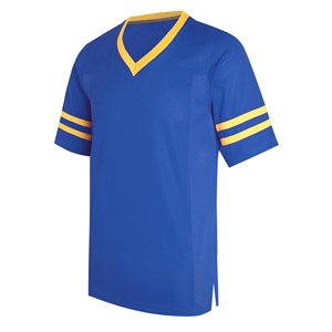 Maillot de football pour homme bleu à col en V et manches courtes avec bordure jaune, en maille respirante en polyester, vêtement de sport BRG, maillot de football américain - Product Image 1