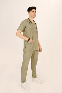 Ensemble de tenue médicale bleue pour homme : Blouse à col en V et pantalon cargo, uniforme d'hôpital en tissu tissé coton/polyester, détection des éclats, sans couture - Product Image 3