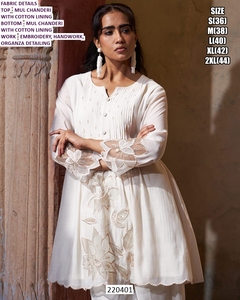 Bandhani Noir White Traditional Floor-Length Embroidered Mul Chanderi All Seasons Women's Party Quick Dry Regular Fit <b>Kurti</b> - Product Image 3