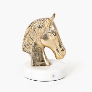 Luxury Metallic <b>Gold</b> Horse Head Bust <b>Statue</b> Sculpture Figurine on White Marble Pedestal Accent for Modern Living Room Decoration - Product Image 5