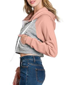 Sweat à capuche zippé à manches raglan contrastées pour femmes avec logo avant Vêtements d'hiver à manches longues avec capuche courte et poche - Product Image 3