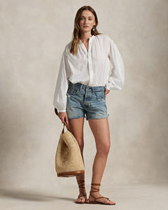 Short en jean déchiré à faible MOQ, prix de gros, avec poches avant/arrière, taille haute, boutonné, bleu, pour femme, service OEM - Product Image 5