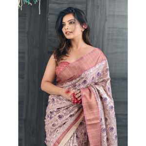 Sari de Noche con Estampado Floral de Seda Lavanda Assam de Elite Weaves con Borde Tejido con Hilo Zari 500g - Product Image 3